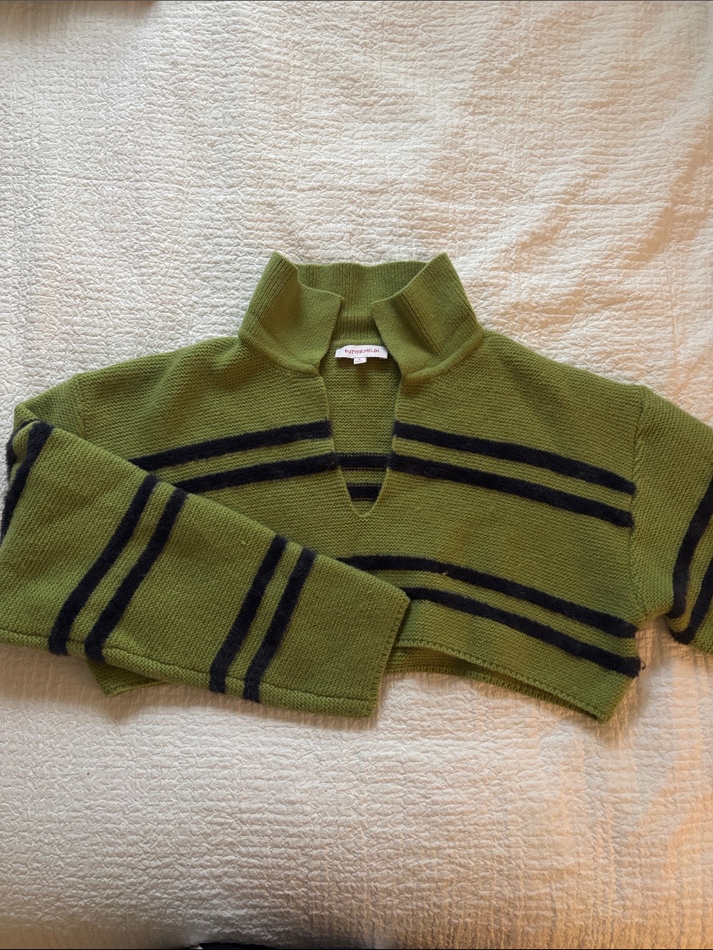 Green Cropped Sweater with Navy Stripes